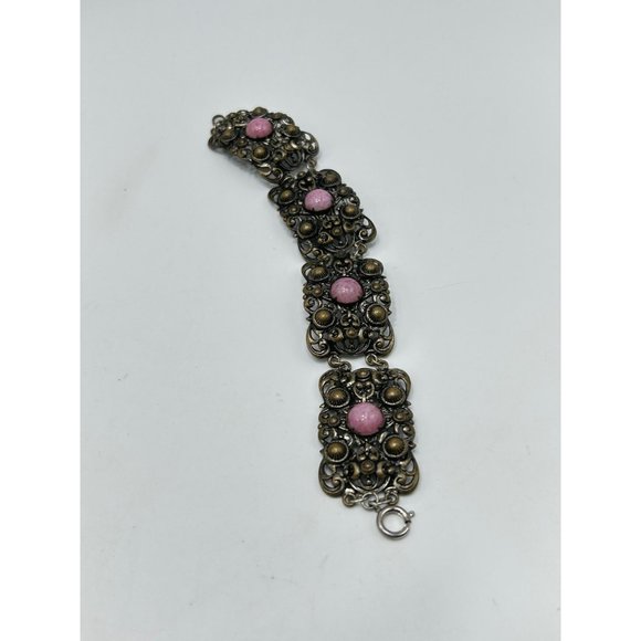 Vintage Filigree Bracelet Pink Glass Cabochons Panel Bracelet Brass Tone Metal - Picture 3 of 8